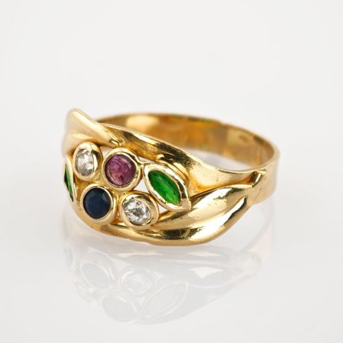 Goldring mit Spinellen und grünen Glassteinen | 585 / 2,7g / Gr. 58