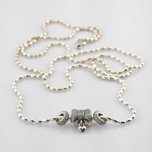 PANDORA Silberkette mit Herzanhänger und Zierschleife