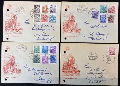 DDR 1953, MiNr. 362-379 FDC - Fünfjahresplan (I) auf 4 Ersttagsbriefen