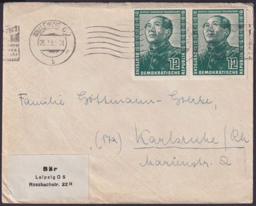 DDR 1951 Fernbrief mit MeF Nr. 286 Leipzig nach Karlsruhe