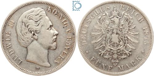 BAYERN, 5 Mark 1875 D, König Ludwig II., J.42, Silber