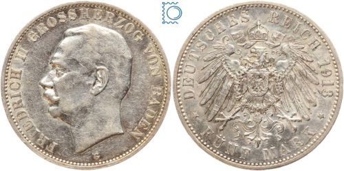 BADEN, 5 Mark 1913 G, Großherzog Friedrich, J.33, Silber