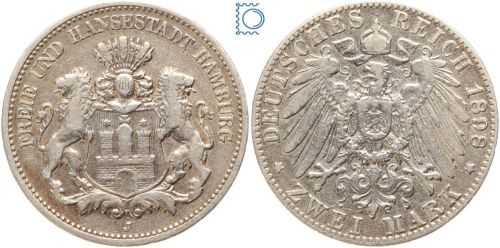 HAMBURG, 2 Mark 1898 J, Stadtwappen, J. 63, Silber