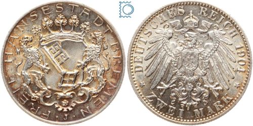 Hansestadt Bremen, 2 Mark 1904 J, Kursmünze, J.59, Silber, PATINA!