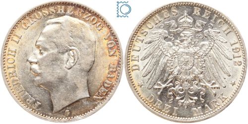 BADEN, 3 Mark 1912 G, Großherzog Friedrich II., J.39, Silber