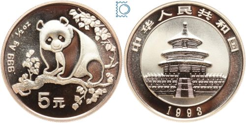 CHINA 1993 - 5 Yuan - Panda - ½ OZ Unze Silber - BU stempelglanz