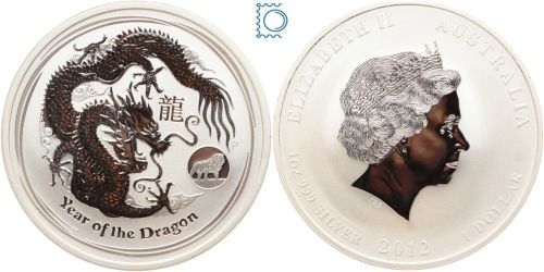 Australien Lunar II 2012 Dragon, Privy Mark Löwe, BU - 1 Oz in Kapsel