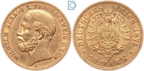 Kaiserreich, 20 Mark Braunschweig 1875 A, Wilhelm (1830-1884), J.203