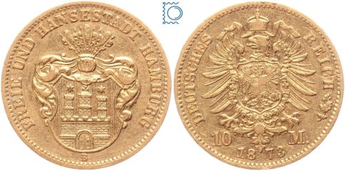 Kaiserreich, 10 Mark Hamburg 1873 B, Stadtwappen, J.206