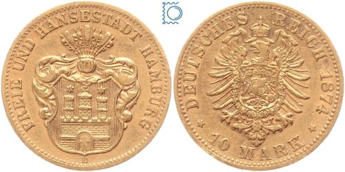 Kaiserreich, 10 Mark Hamburg 1874 B, Stadtwappen, J.206