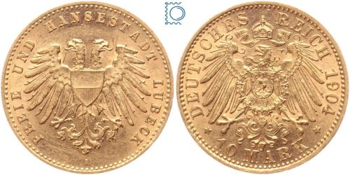 Kaiserreich, 10 Mark Lübeck 1904 A, Stadtwappen, J.227