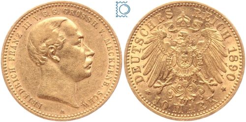 Kaiserreich, 10 Mark Mecklenburg 1890 A, Friedrich Franz III. (1883-1897), J.232