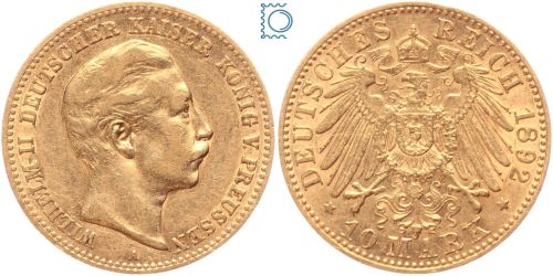 Kaiserreich, 10 Mark Preussen 1892 A, Kaiser Wilhelm II. (1888-1918), J.251