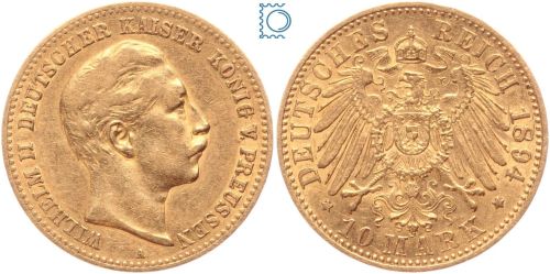 Kaiserreich, 10 Mark Preussen 1894 A, Kaiser Wilhelm II. (1888-1918), J.251