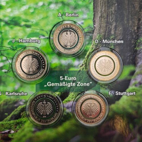 DEUTSCHLAND 5 Euro Satz 2019 ADFGJ Gemäßigte Zone in Blister