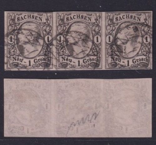 Sachsen 1855 - MiNr. 9 Drierestreifen gestempelt - 1 Ngr. Johann I.