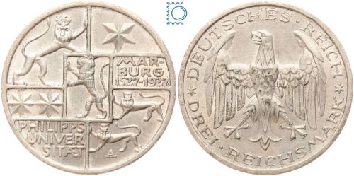 Weimar 3 Mark 1927 A, 400 Jahre Universität Marburg, J.330, Silber
