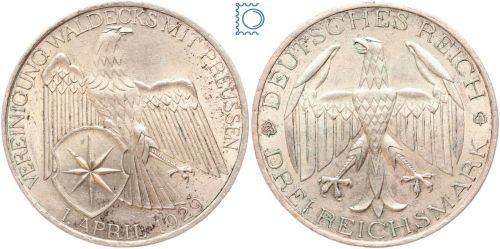 Weimar 3 Mark 1929 A, Vereinigung Waldecks mit Preußen, J.337