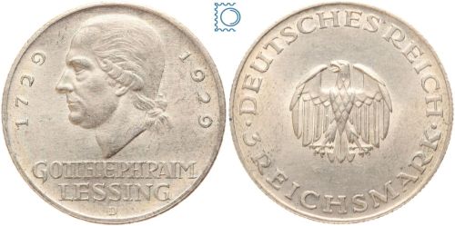 Weimar 3 Mark 1929 D, Gotthold Ephraim Lessing, J.335, Silber