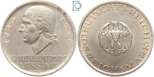 Weimar 5 Mark 1929 A, Gotthold Ephraim Lessing, J.336, Silber