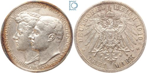 Sachsen-Weimar-Eisenach, 3 Mark 1910 A Großherzog Wilhelm Ernst Hochzeit Feodora