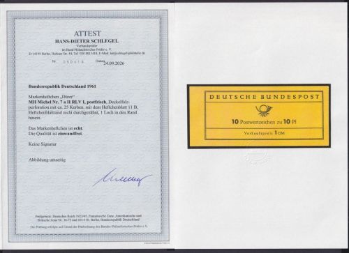 Bund MH 7 a II RLV I, Deckelperforation 25 Löcher, Rand-Typ A, Attest Schlegel BPP
