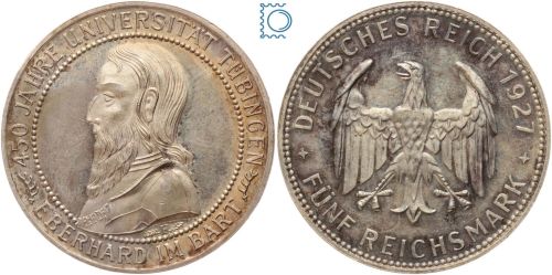 Weimar 5 Mark 1927 A, Universität Tübingen, J.329, Silber