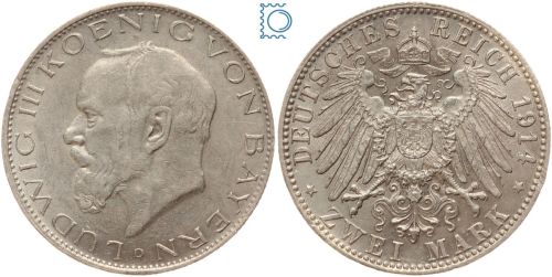 BAYERN, 2 Mark 1914 D, König Ludwig III., Silber, Jäger 52