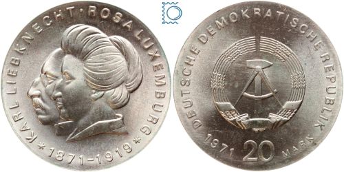 DDR 20 Mark 1971 - Karl Liebknecht + Rosa Luxemburg - stempelglanz J. 1533