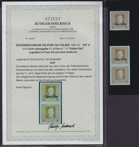 Österreich Feldpost Italien 1918 ANK XIV U ungezähnt Paar mit/ohne Aufdruck Attest