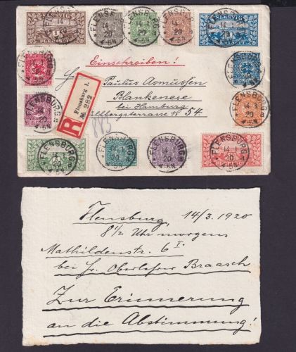Schleswig 1920 Mi.Nr. 1-14 auf R-Brief Flensburg Abstimmungstag 14.3.1920