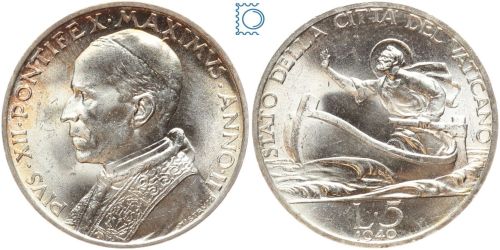 Vatikan 5 Lire 1940, Papst Pius XII., Anno II - Silber
