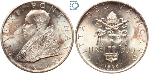 Vatikan, Vatikanstadt, 500 Lire 1958 - Pius XII., Anno XX - Silber