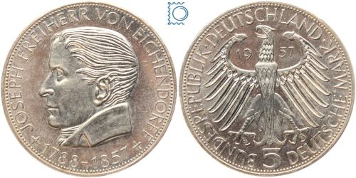 5 DM Freiherr von Eichendorff 1957 J - Silber Gedenkmünze - Jäger 391