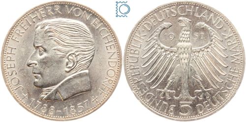 5 DM Freiherr von Eichendorff 1957 J - Silber Gedenkmünze - Jäger 391