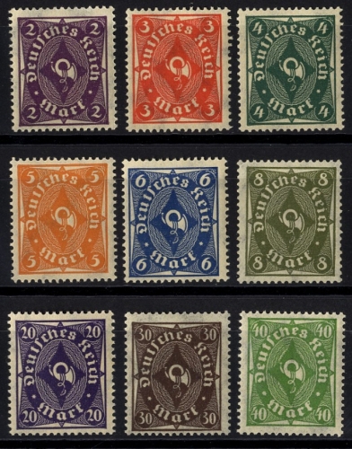 Deutsches Reich, Michel Nr. 224-232 postfrisch - Freimarken Posthorn einfarbig
