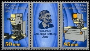 DDR, MiNr. 3252-3253 Dreierstreifen postfrisch - 100 Jahre Carl-Zeiss-Stiftung Jena