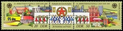 DDR, MiNr. 3168-3169 Dreierstreifen postfrisch - Arbeiterfestspiele 1988