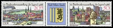 DDR, MiNr. 3174/3176 Dreierstreifen postfrisch - Briefmarkenausstellung 1988
