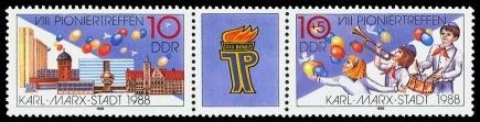 DDR, MiNr. 3181-3182 Dreierstreifen postfrisch - Pioniertreffen 1988