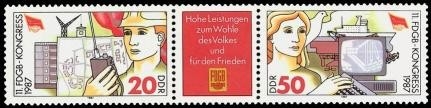 DDR, MiNr. 3086-3087 Dreierstreifen postfrisch - Kongress des Freien Deutschen Gewerkschaftsbundes (FDGB)