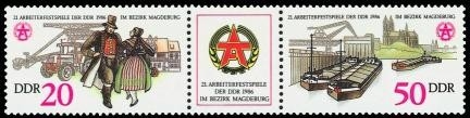 DDR, MiNr. 3028-3029 Dreierstreifen postfrisch - Arbeiterfestspiele 1986