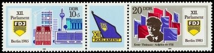 DDR, MiNr. 2947-2948 Dreierstreifen postfrisch - Parlament der Freien Deutschen Jugend (FDJ), Berlin