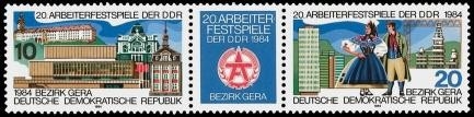 DDR, MiNr. 2880-2881 Dreierstreifen postfrisch - Arbeiterfestspiele, Bezirk Gera