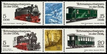 DDR, MiNr. 2630/2632 + 2629/2631 Dreierstreifen postfrisch - Schmalspurbahnen 1981