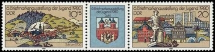 DDR, MiNr. 2532-2533 Dreierstreifen postfrisch - Briefmareknausstellung der Jugend Suhl 1980