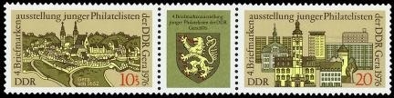 DDR, MiNr. 2153-2154 Dreierstreifen postfrisch - Briefmarkenausstellung Junge Pilatelisten Gera 1976
