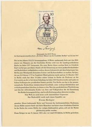 Berlin, ETB Nr. 22 - Ersttagsblatt mit Michel Nr. 170 - Friedrich Karl von Savigny