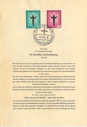 Berlin, ETB Nr. 38 - Ersttagsblatt mit Michel Nr. 179-180 - Deutscher Katholikenkongreß 1958