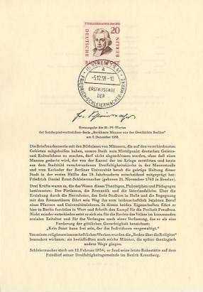 Berlin, ETB Nr. 42 - Ersttagsblatt mit Michel Nr. 167 - Friedrich Daniel Ernst Schleiermacher